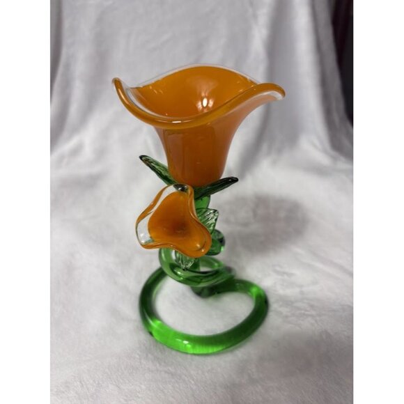 Handcrafted Orange & Green Art Glass Lily Flower Figurine Candle Holder - Picture 1 of 11
